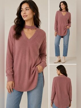 Giani Bernini Dusty Rose Choker V-Neck Tunic Sweater Wool Alpaca Blend XS NWT